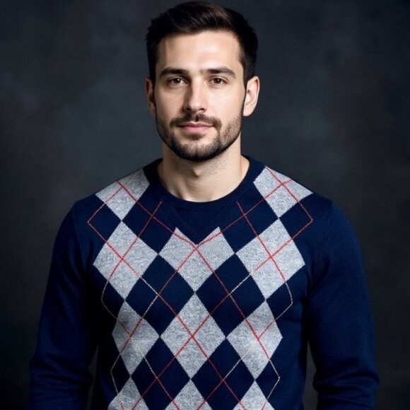 Scotland 100% Cashmere Men's Argyle V-neck Sweater, Size Large - Picture 1 of 12